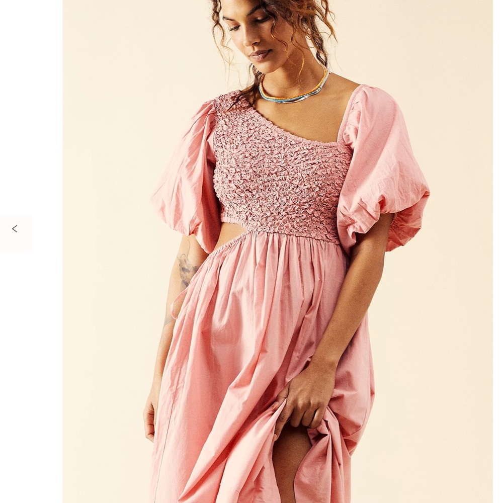 Free People KALINA Smocked Asymmetrical Puff Sleeve Cut Out Midi Dress XS - Picture 2 of 16
